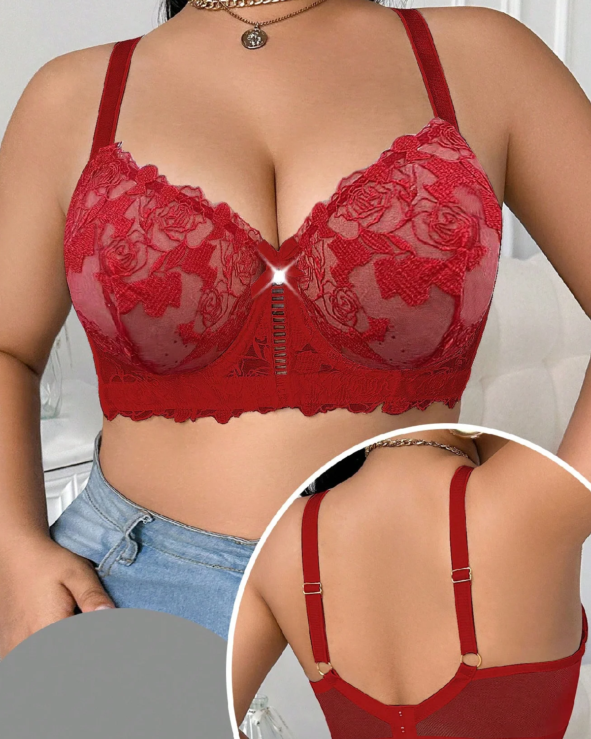 1pc Plus Size Embroidered Support Underwire Bra Red
