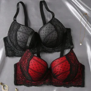 2pcs Plus Size Contrast Lace Minimalist Bra Set