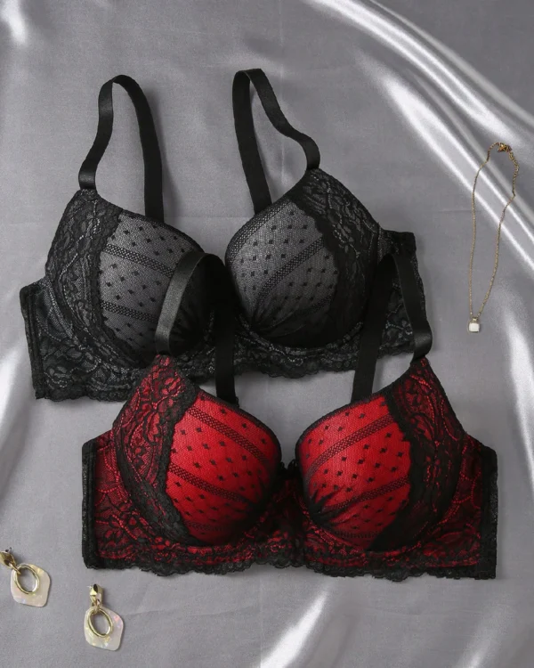 2pcs Plus Size Contrast Lace Minimalist Bra Set
