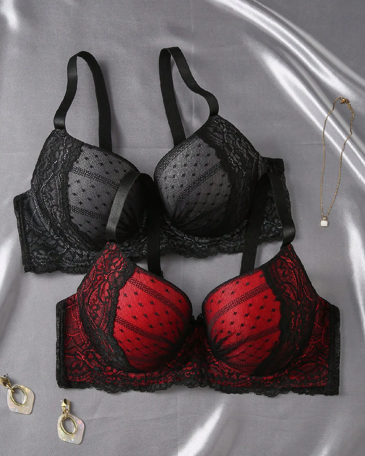 2pcs Plus Size Contrast Lace Minimalist Bra Set