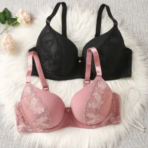 2pcs Women Plus Size Lace Spliced Solid Bra Set