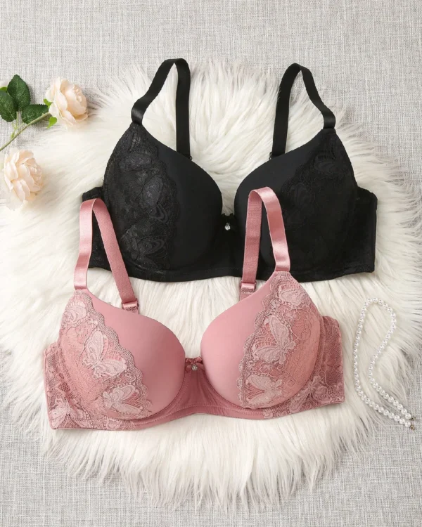 2pcs Women Plus Size Lace Spliced Solid Bra Set