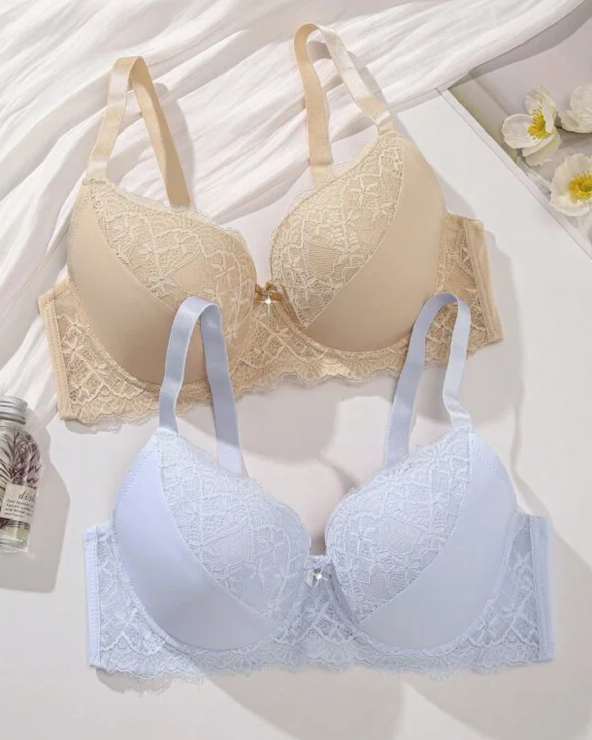 2pcs Women Plus Size Minimalist Lace Splice Adjustable Lingerie Bra Set two