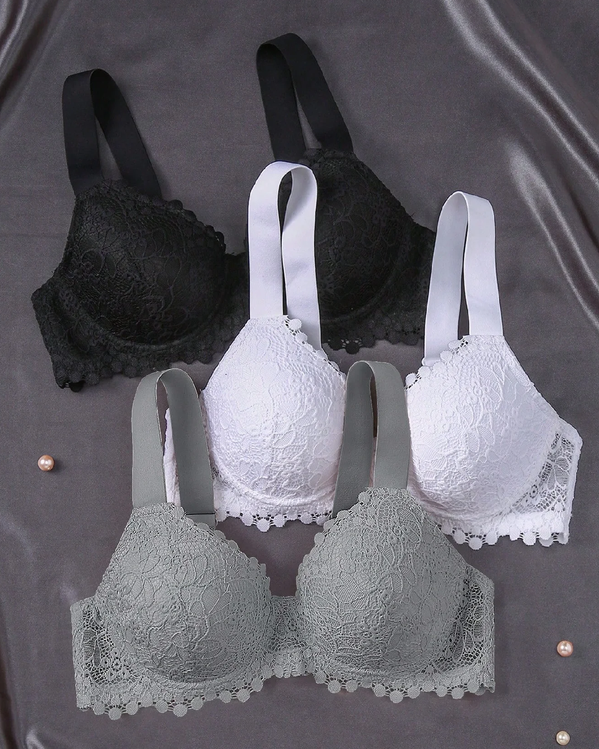 3pcs Women's Soft & Comfy Wireless Lace Lift Gathered Smooth Everyday Seamless Lingerie Bras Set One