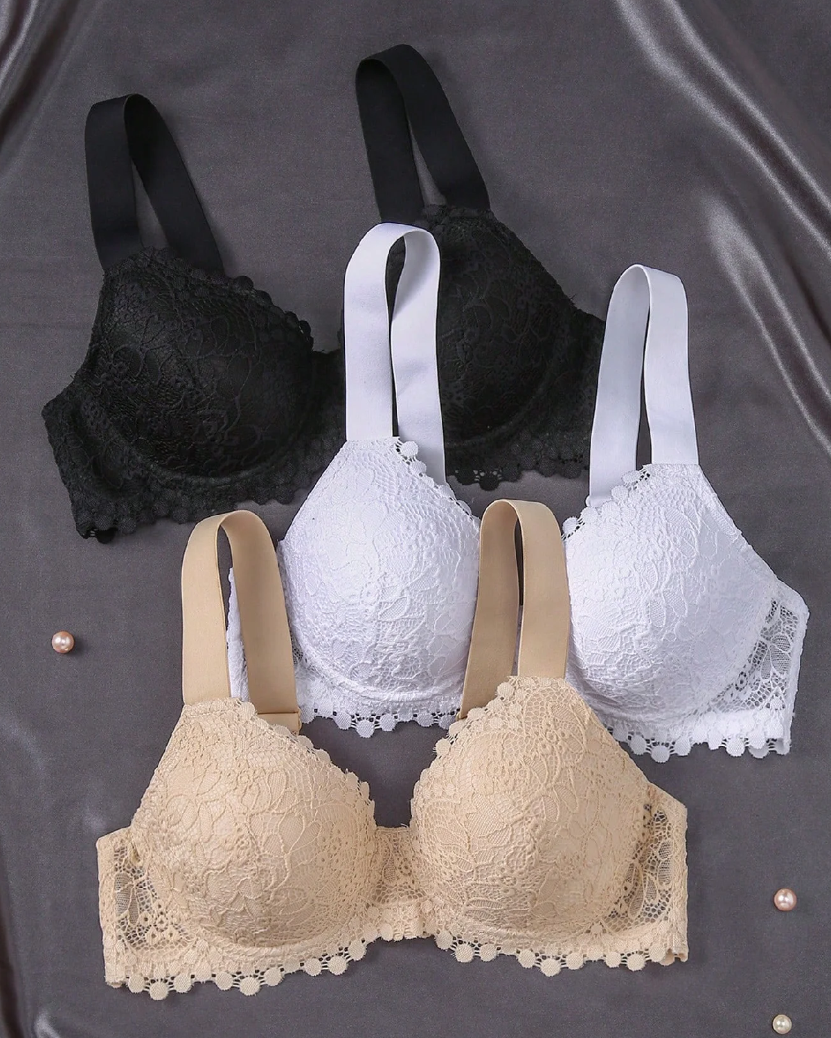 3pcs Women's Soft & Comfy Wireless Lace Lift Gathered Smooth Everyday Seamless Lingerie Bras Set Two