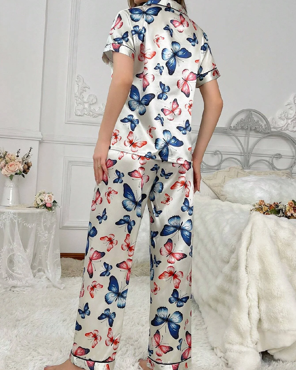 Butterfly Printed Faux Silk Collar Trimmed Pajama Set Back