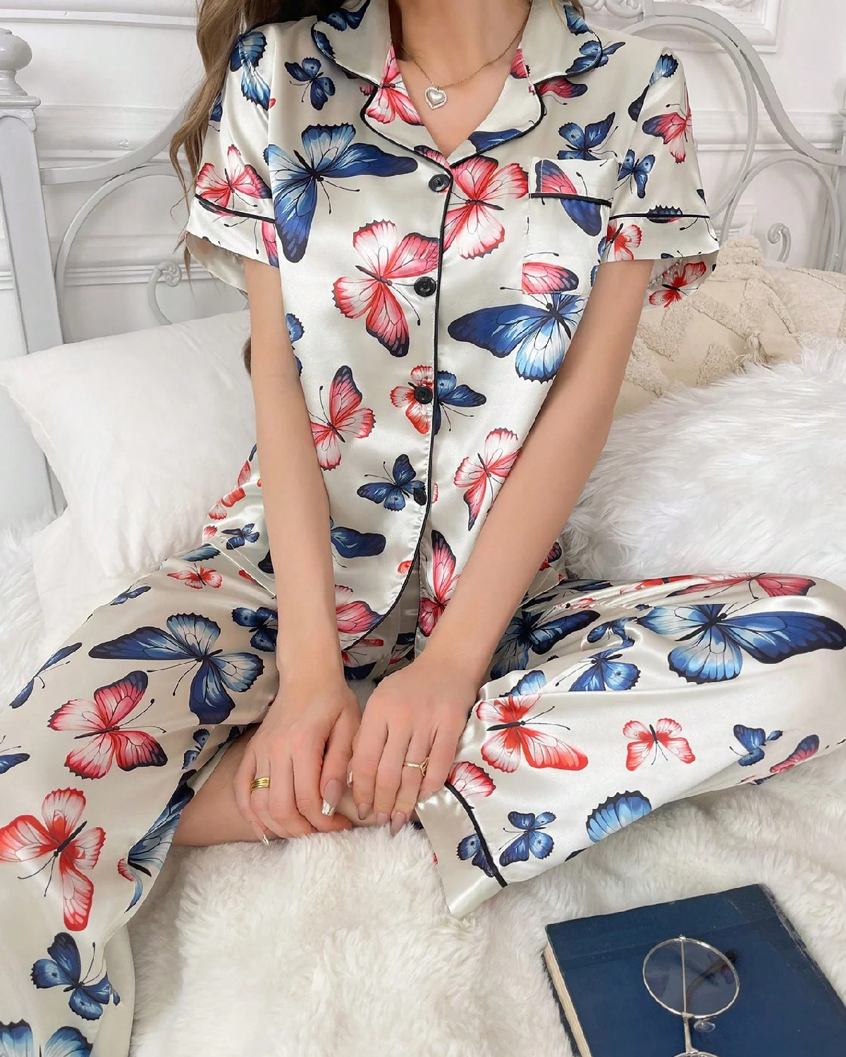 Butterfly Printed Faux Silk Collar Trimmed Pajama Set