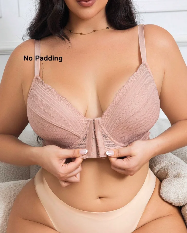 DesireSculpt Plus Size Front Closure Lace Lingerie Bra With Underwire, Sold Singularly Apricot