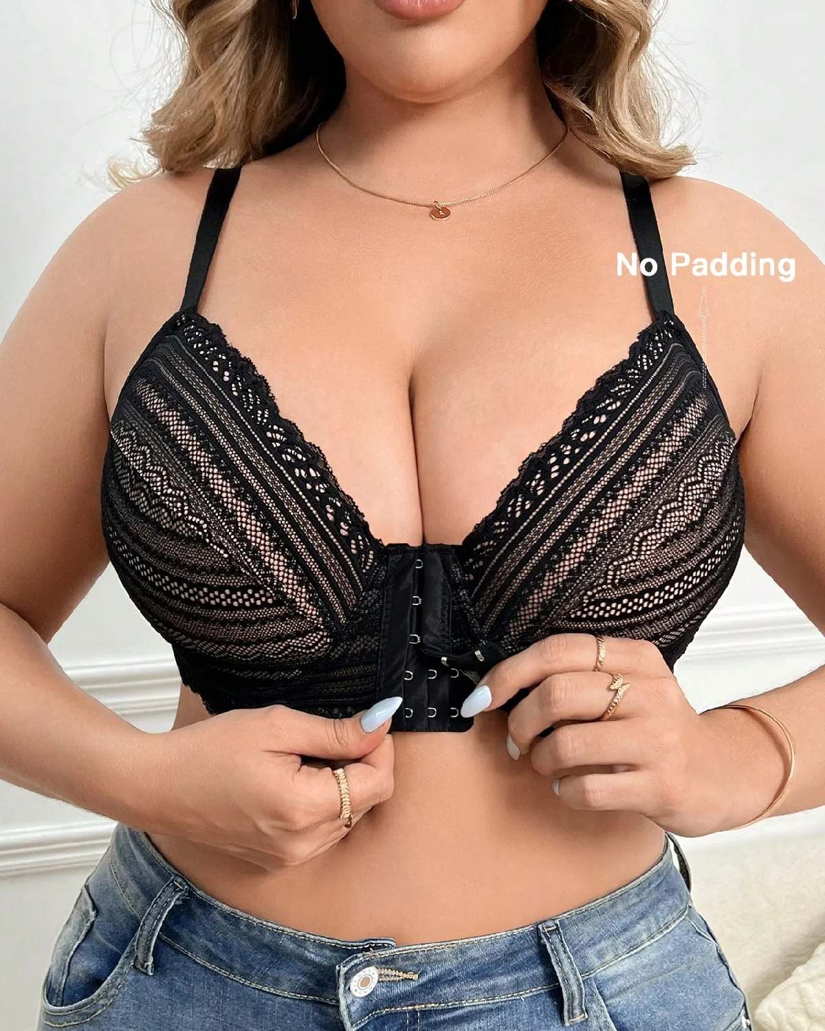 DesireSculpt Plus Size Front Closure Lace Lingerie Bra With Underwire, Sold Singularly Multicolor