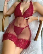 Floral Lace Halter Babydoll Lingerie Dress With Thong Red
