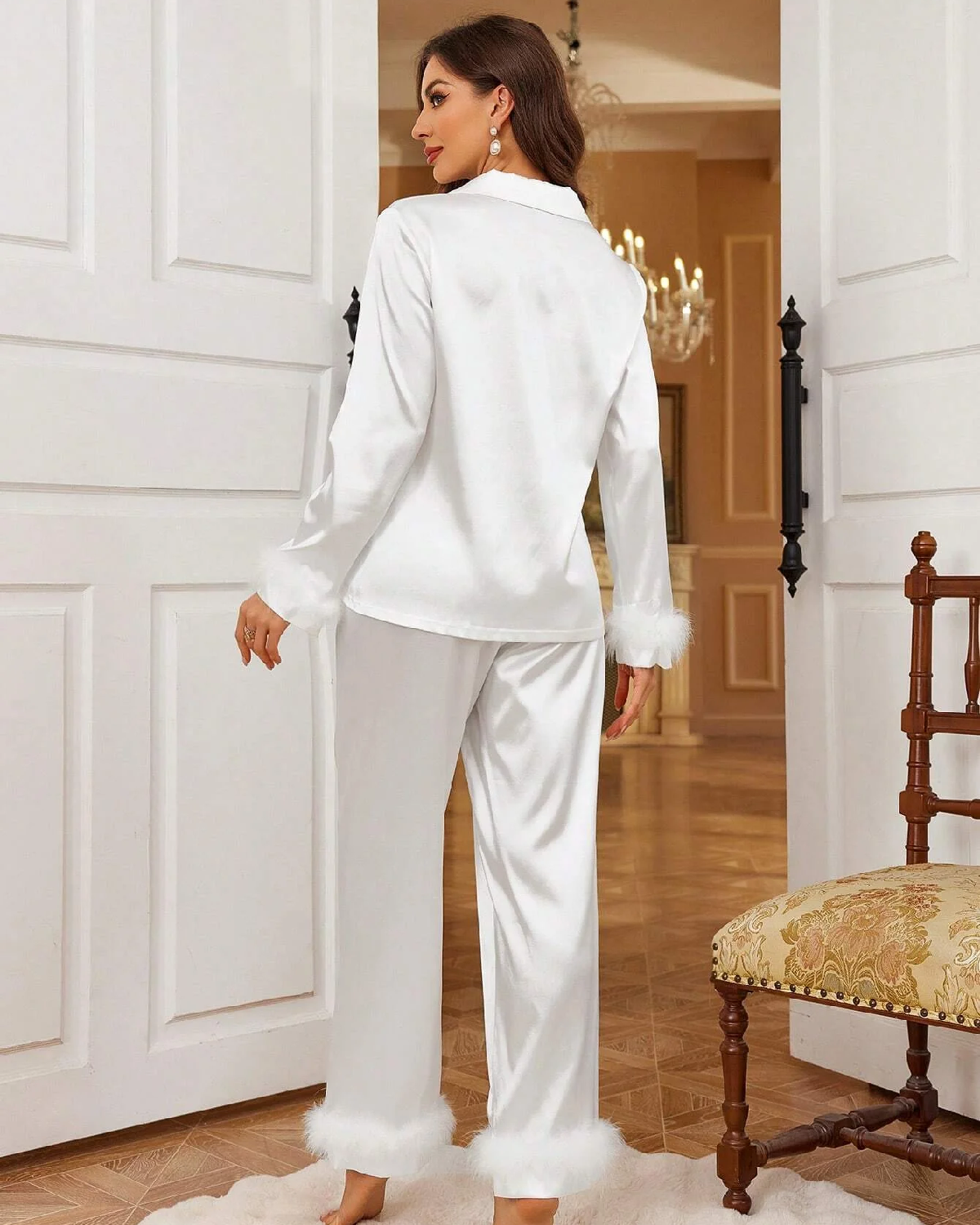 Shop 2pcs Women Solid Color Lapel Collar Shirt And Pajama Set