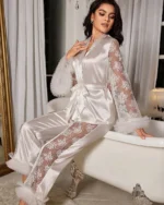 Shop The Women Contrast Lace Flare Sleeve Satin Pajama Set