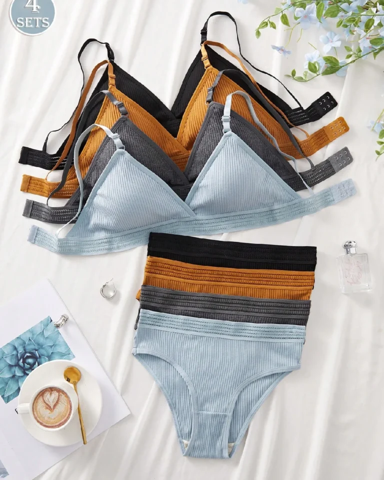 Women 4pcs Set Ribbed Wireless Sports Bra and Panty Set