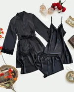 Women 4pcs Set V-Neck Dress Nightgown - Black