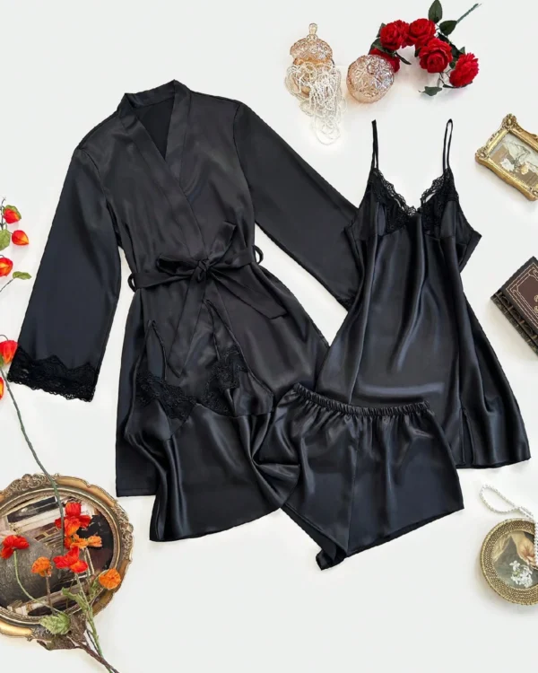 Women 4pcs Set V-Neck Dress Nightgown - Black