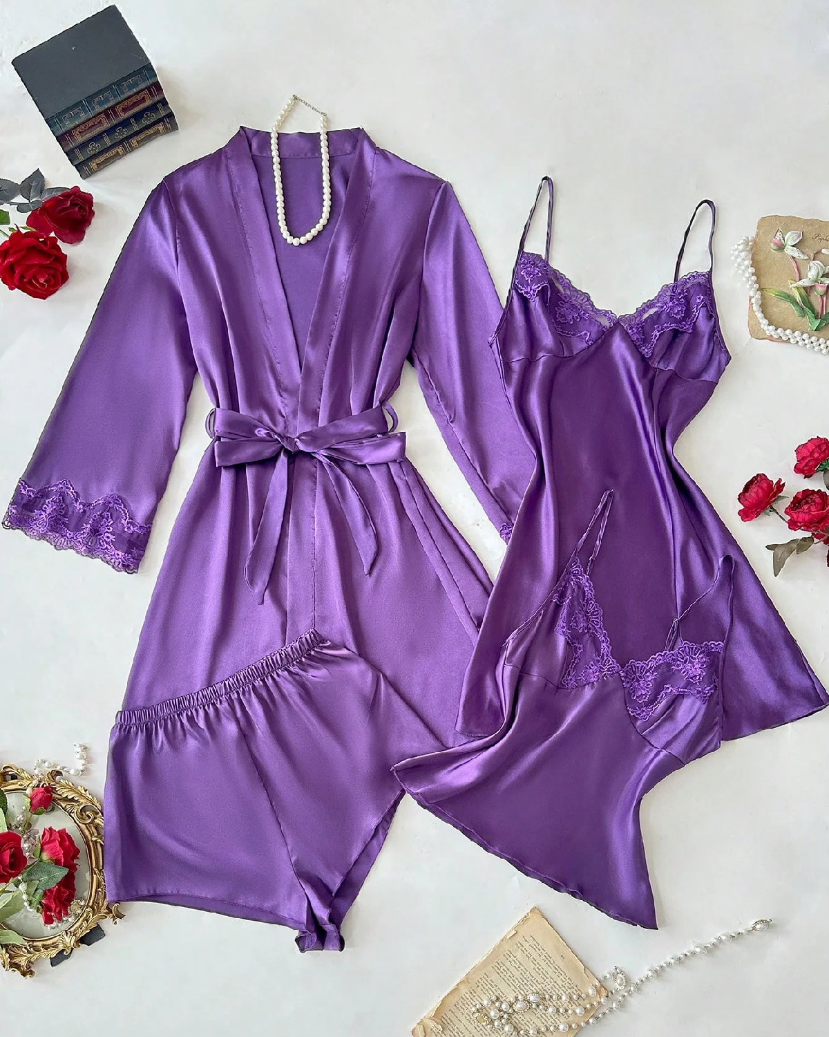 Women 4pcs Set V-Neck Dress Nightgown - Purple