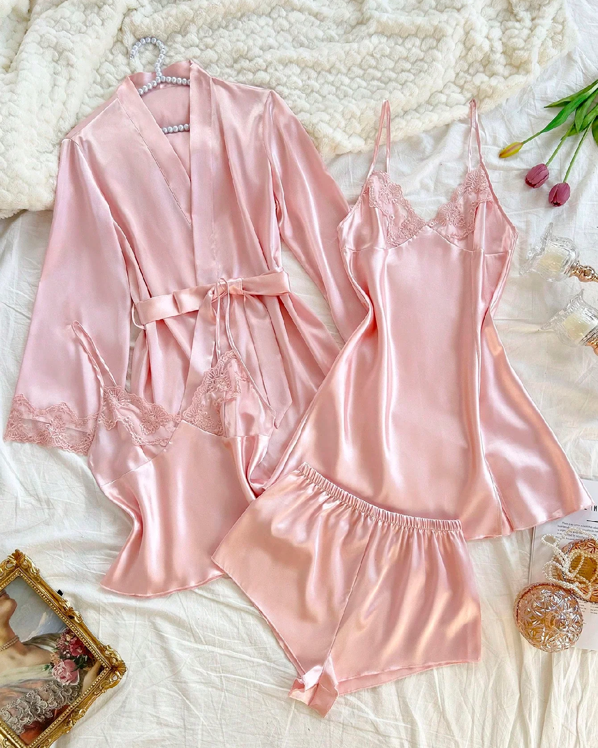 Women 4pcs Set V-Neck Dress Nightgown