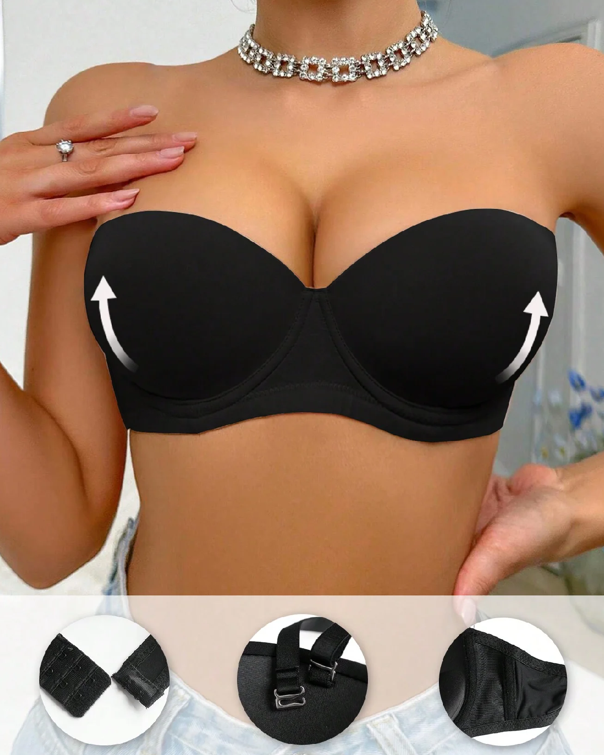 Women Backless Push Up Lingerie Removable Straps Bra Black