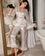 Women Contrast Lace Flare Sleeve Satin Pajama Set