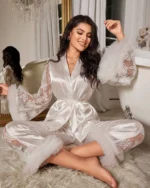 Women Contrast Lace Flare Sleeve Satin Pajama Set Front