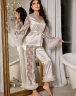 Women Contrast Lace Flare Sleeve Satin Pajama Set In Pakistan