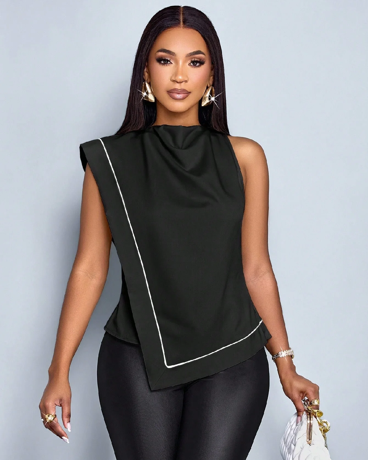 Women Draped Compression Collar Contrasting Stripe Lounge Camisoles - Black