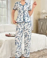 Women Floral Print Top And Long Pants Pajama Set Front