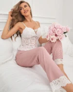 Women Lace Cami Top With Pink Pant Pajama Set