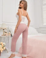 Women Lace Cami Top With Pink Pant Pajama Set Back