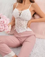 Women Lace Cami Top With Pink Pant Pajama Set Closeup
