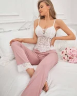 Women Lace Cami Top With Pink Pant Pajama Set Front