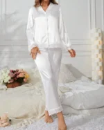 Women Lace Contrast Top and Long Pants Pajama Set Front