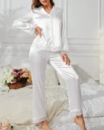 Women Lace Contrast Top and Long Pants Pajama Set Front Side