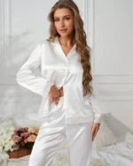 Women Lace Contrast Top and Long Pants Pajama Set In Pakistan