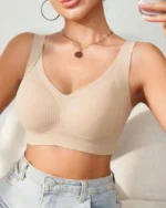 Women Seamless Push Up Bra No Show Bra Removable Pad Underwear Solid Color Full Coverage Bra Beige