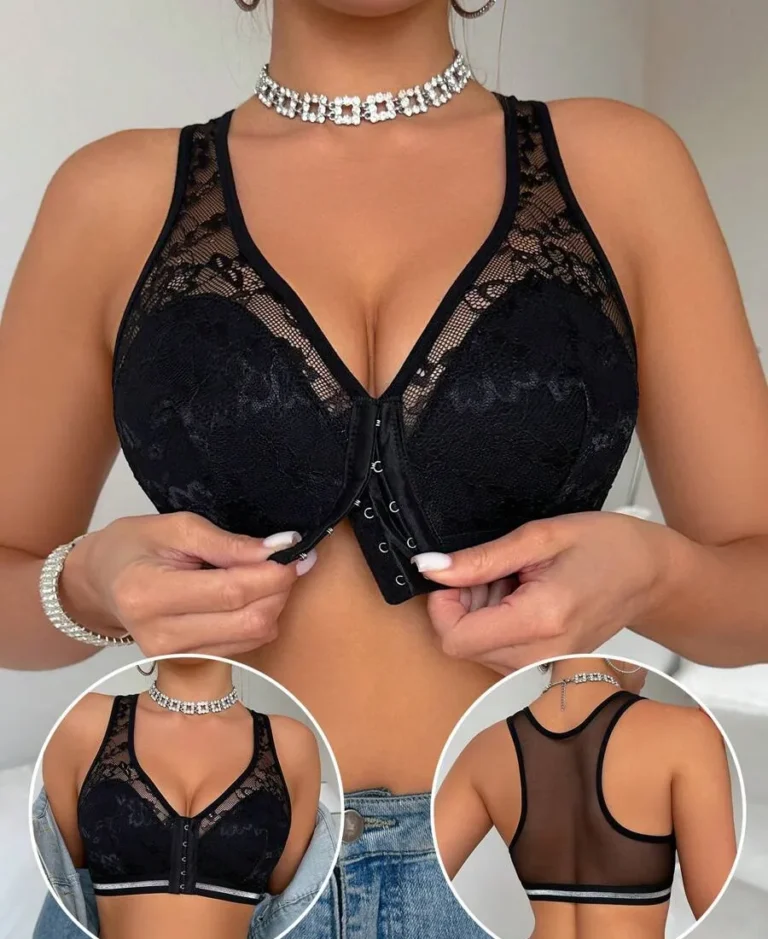 Women's Front Button Wireless Lace Patchwork Bra