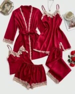 5pcs Contrast Lace Trim Faux Silk Bridal Nighty Set