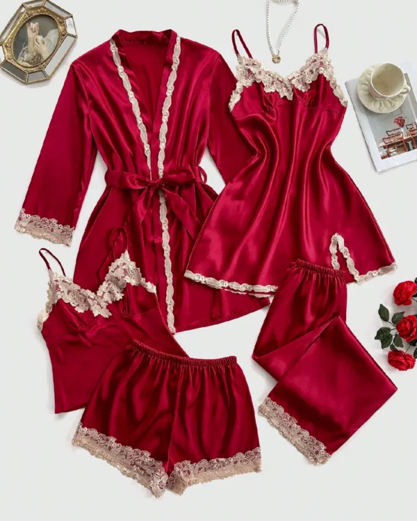 5pcs Contrast Lace Trim Faux Silk Bridal Nighty Set