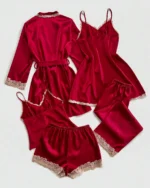 5pcs Contrast Lace Trim Faux Silk Bridal Nighty Set Back