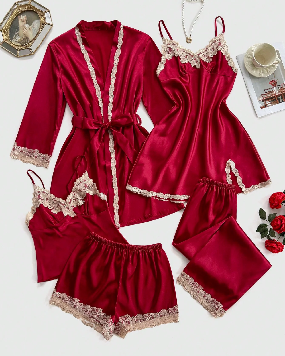 5pcs Contrast Lace Trim Faux Silk Bridal Nighty Set