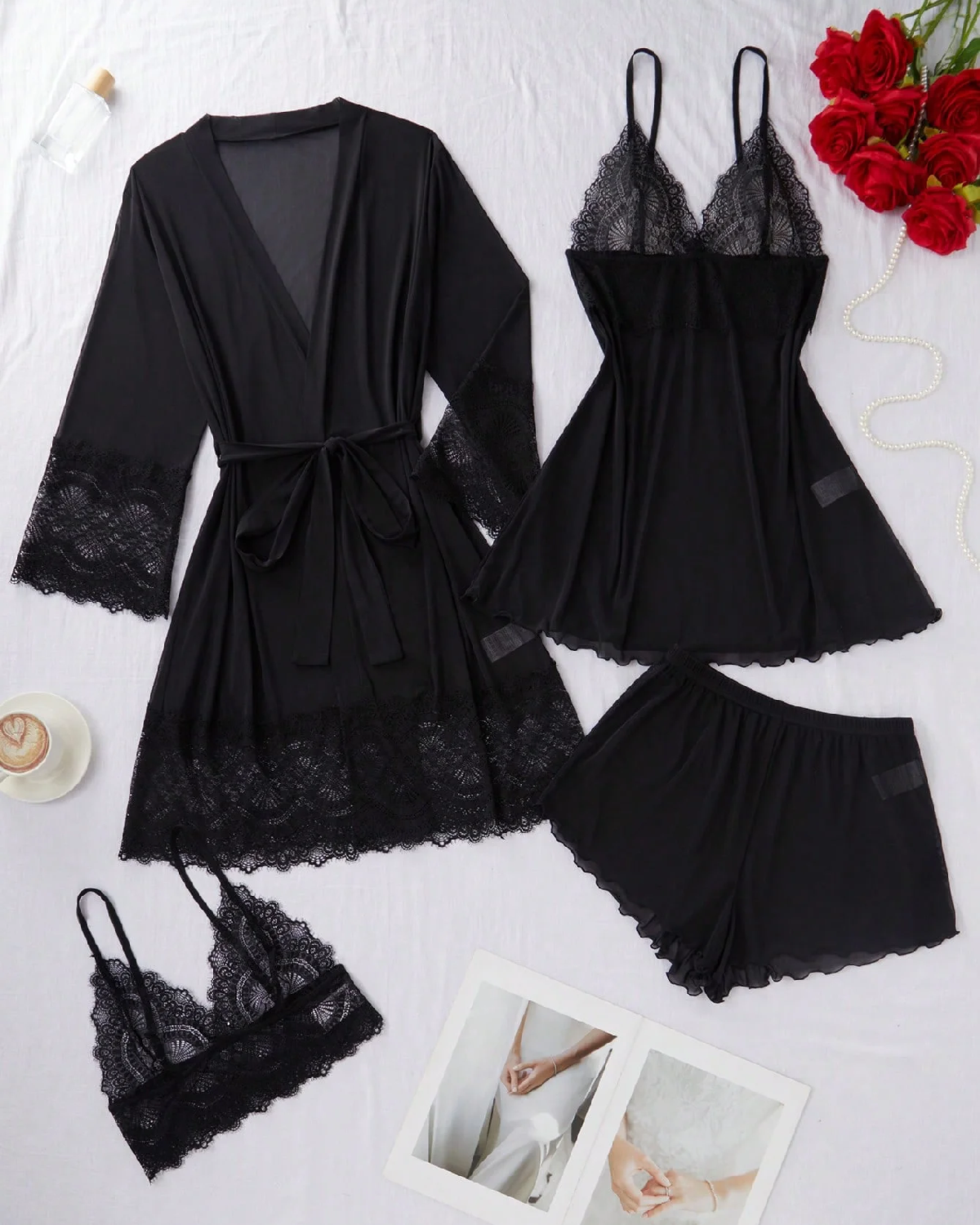 Black Lace Trim Mesh Slip Short & Robe Nigthy Sets