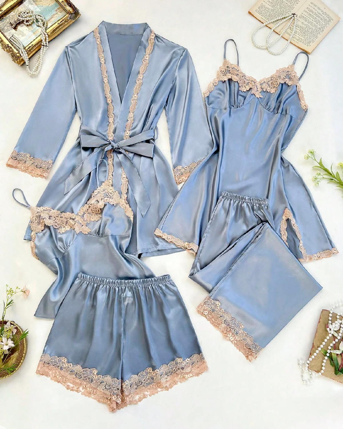 5pcs Contrast Lace Trim Faux Silk Bridal Nighty Set - Dusty Blue