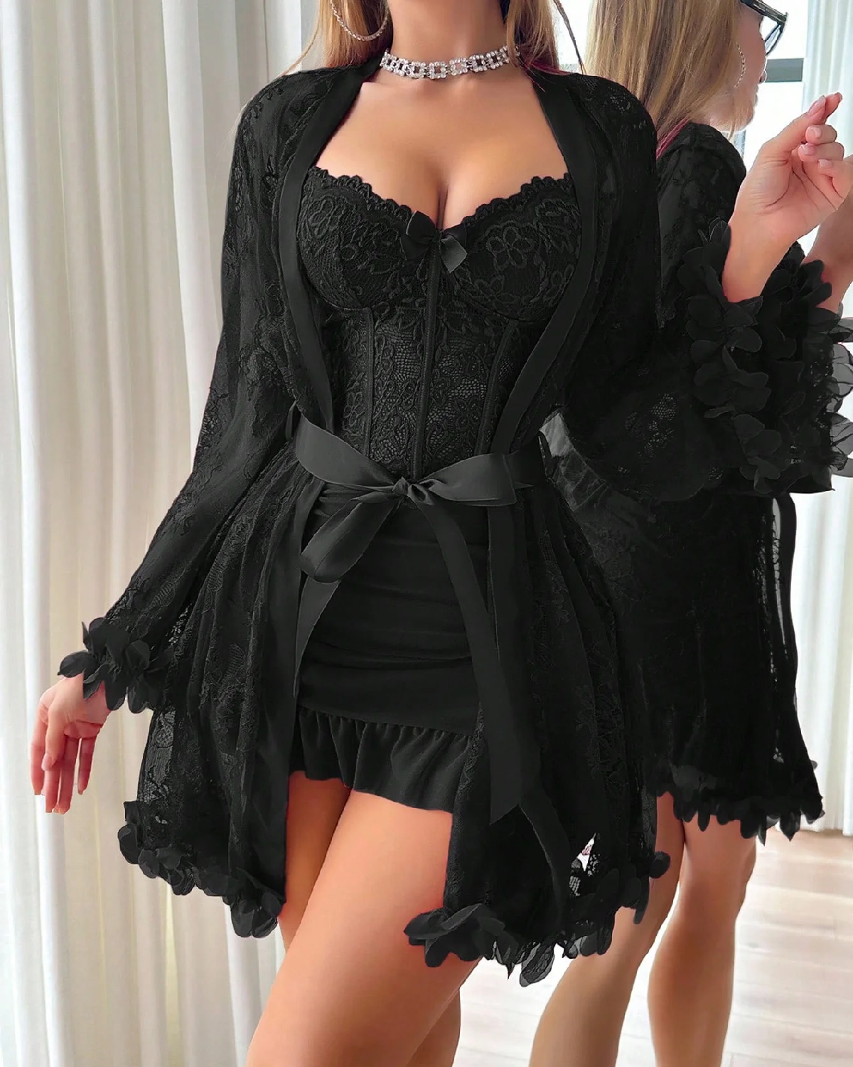 2pcs Set 3D Floral Lace Robe Nightgown Lingerie - Black