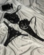 Alluring Elegant Floral Embroidery Lingerie Set - Black