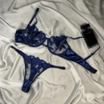 Navy Blue Alluring Elegant Floral Embroidery Lingerie Set - Bespose