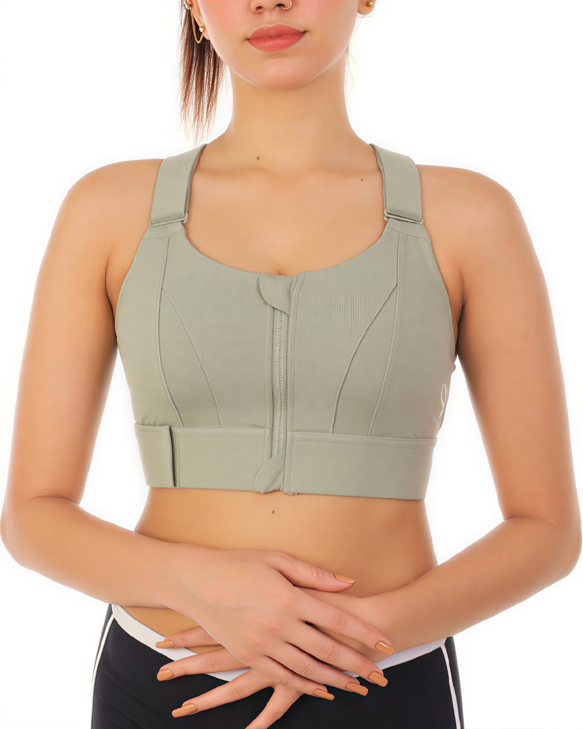Sage Green Women's Zipper Front High-Strength Sports Bra
