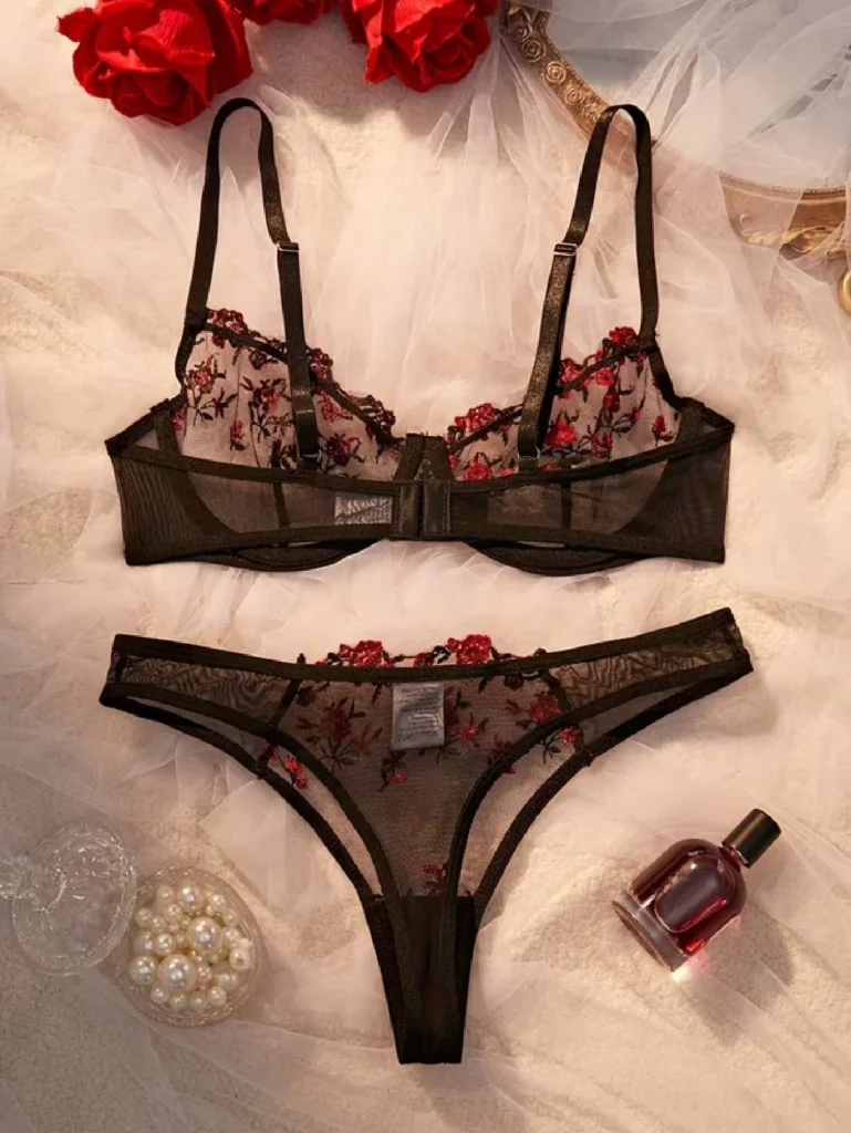 Turkish Mesh Bra & Panty Lingerie Set Back - Black And Red