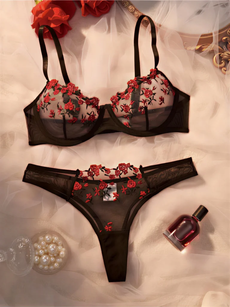 Turkish Mesh Bra & Panty Lingerie Set - Black And Red