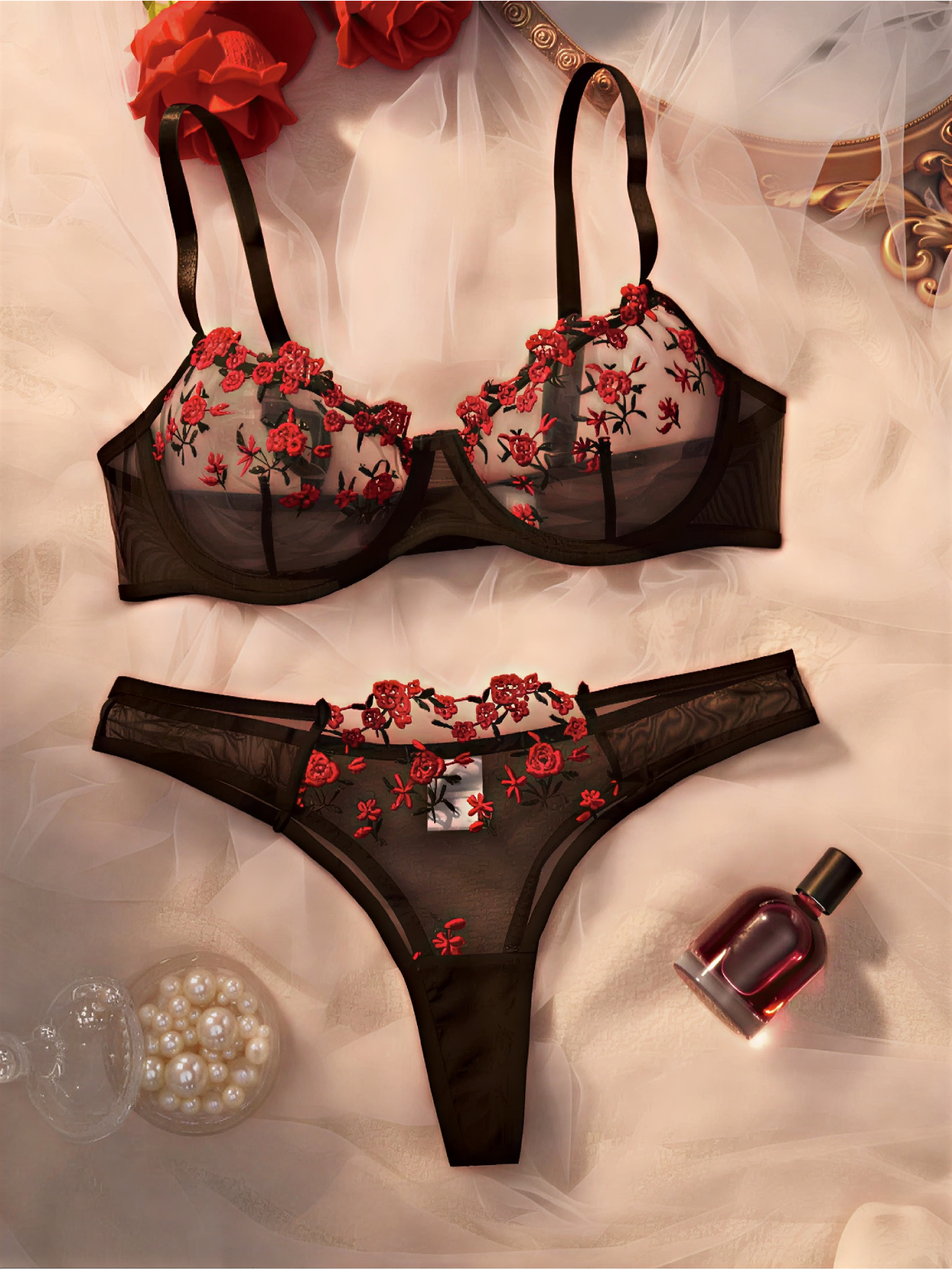 Turkish Mesh Bra & Panty Lingerie Set - Black And Red