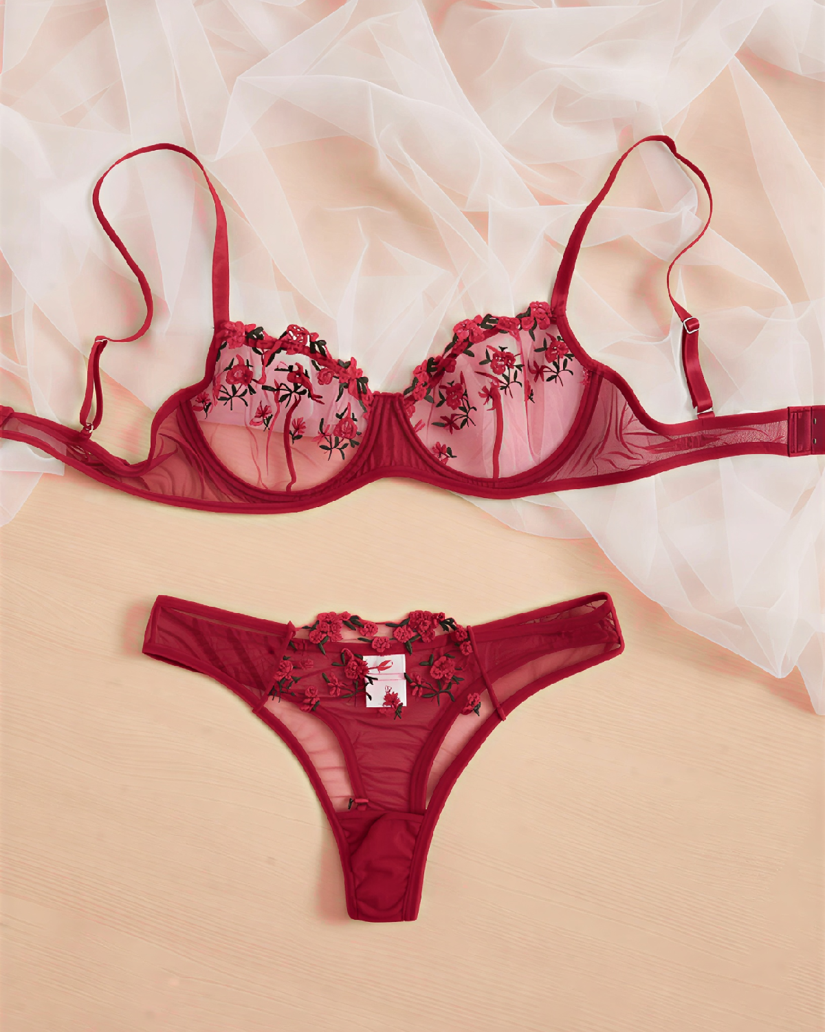 Turkish Mesh Bra & Panty Lingerie Set - Maroon
